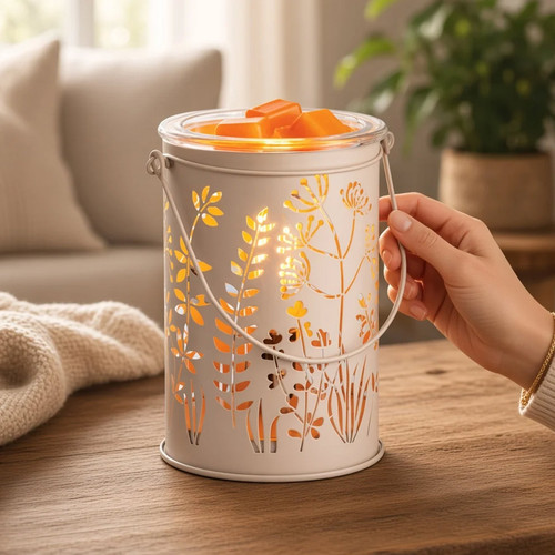 Hand holding the wire handle of the illuminated Botanical Glow Fragrance Warmer on a wooden table in a cozy living room setting