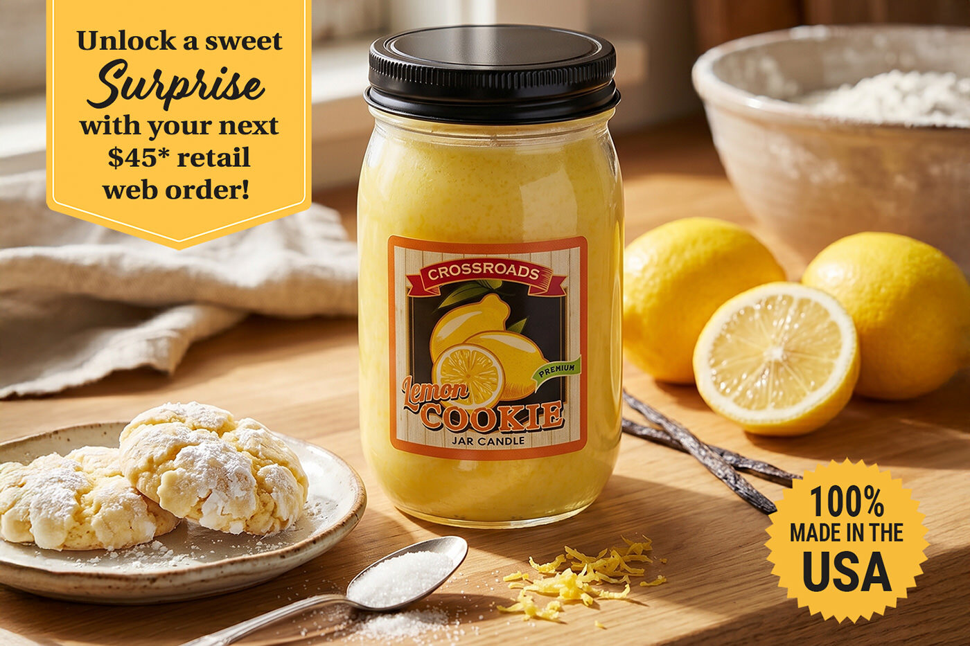 Crossroads Candles Promotion: Free 12 oz. Lemon Cookie scented jar candle with any $45* retail web order through June 11, 2026.