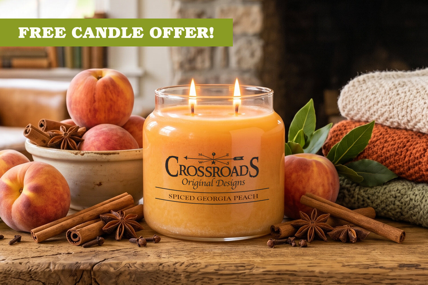 Crossroads Candles Promotion: Free 16 oz. Spiced Georgia Peach scented jar candle with any $60* retail web order through July 16, 2026.
