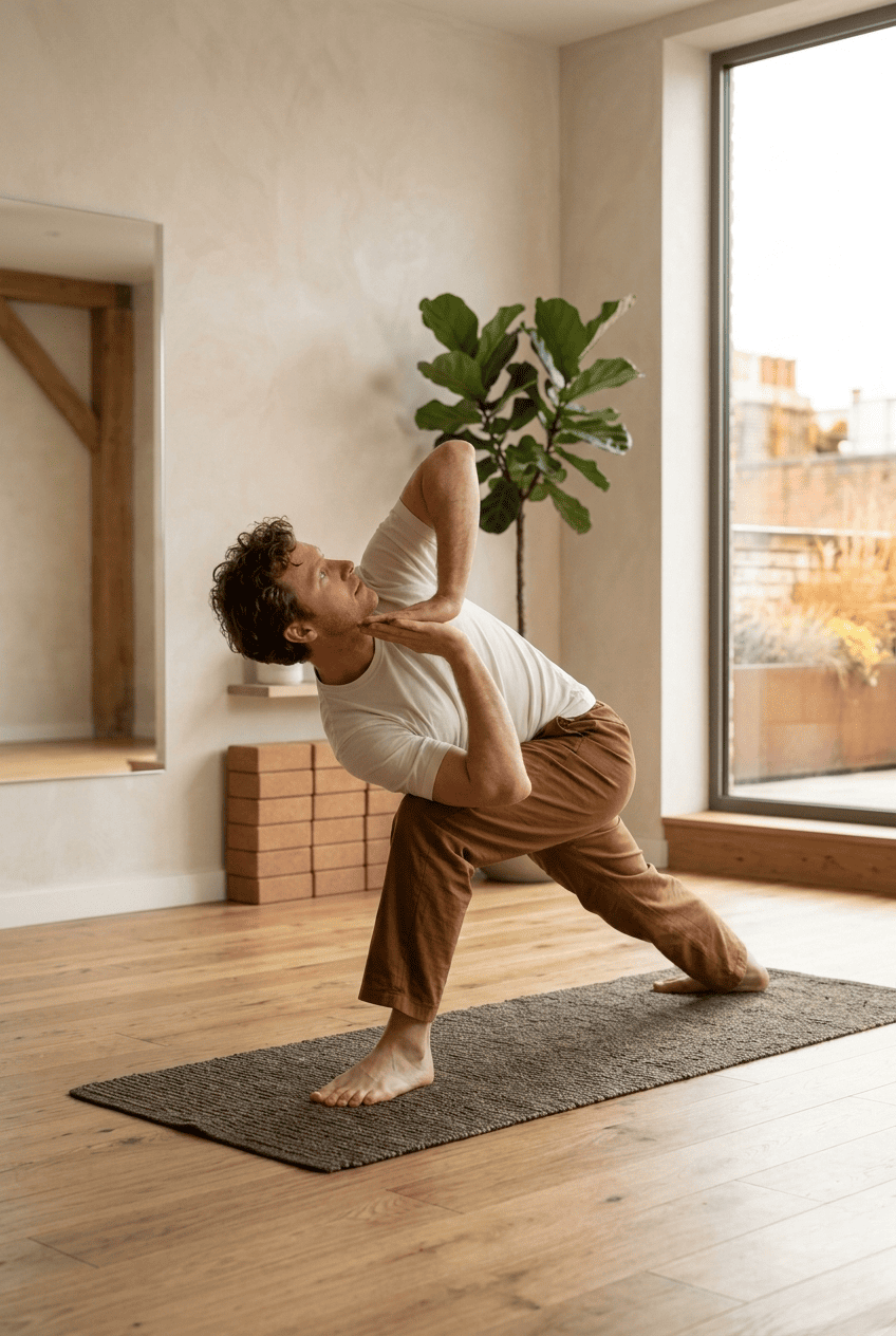 Man doing a yoga pose while wearing Egyptian Cotton Tshirts' shirt and pants