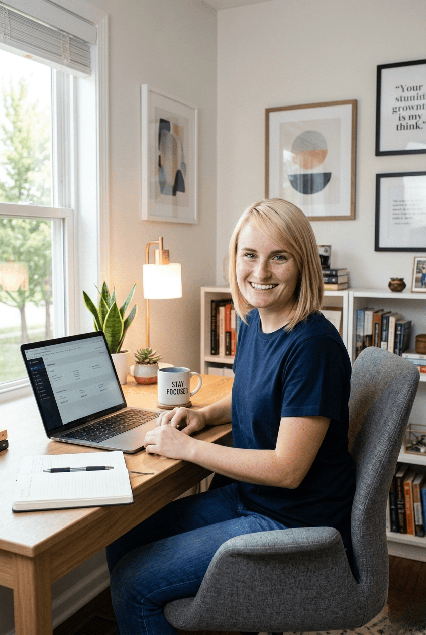 A woman in a navy Egyptian cotton work-from-home t-shirt at her home office desk