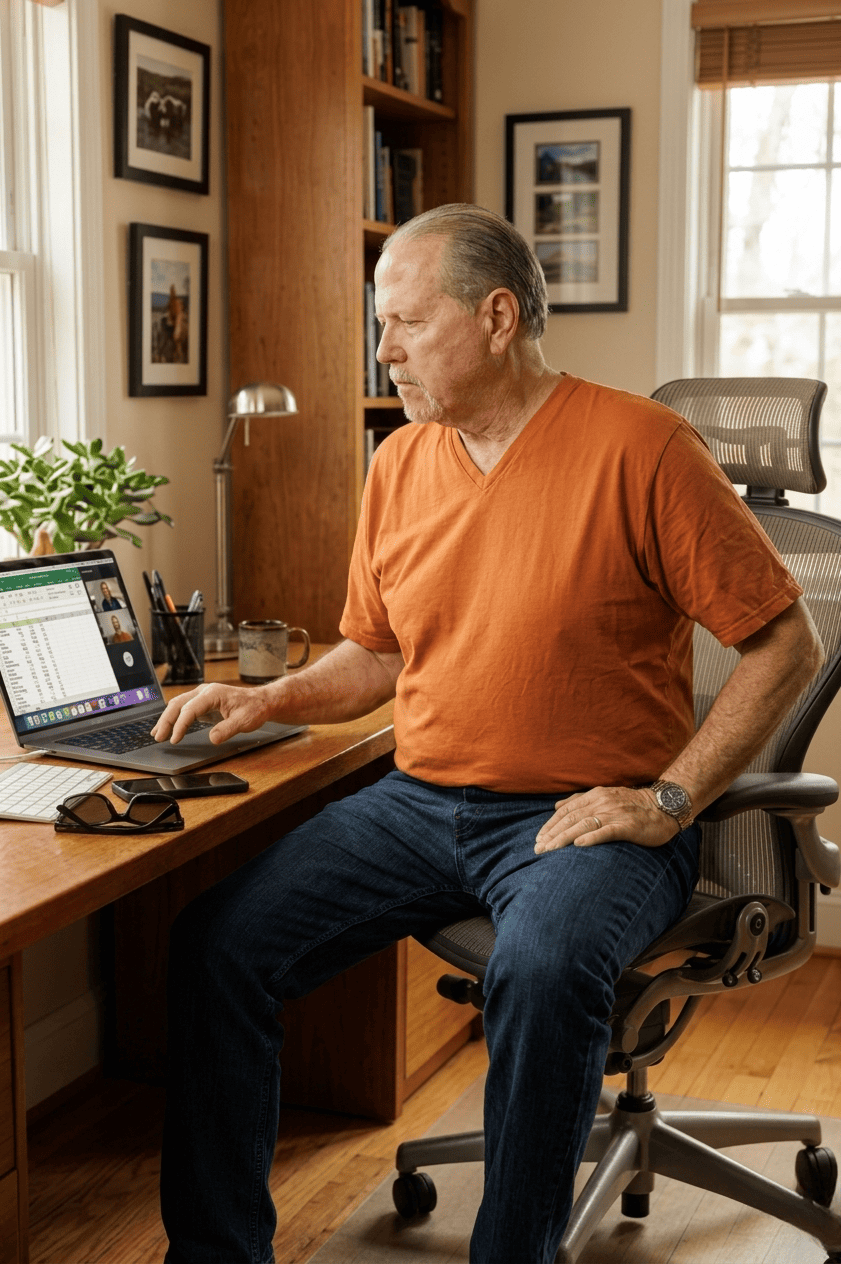 A rust Egyptian cotton tee on a remote video meeting