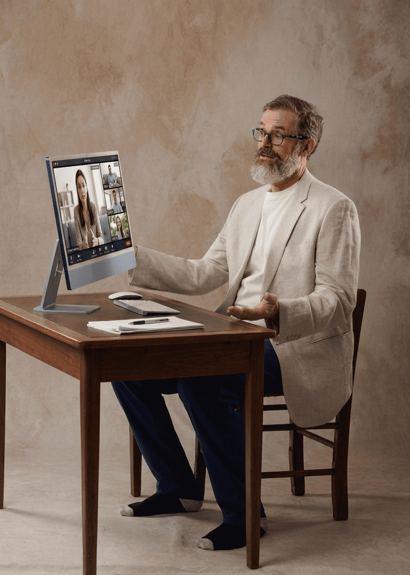 A linen blazer over an Egyptian cotton tee on a work-from-home video call