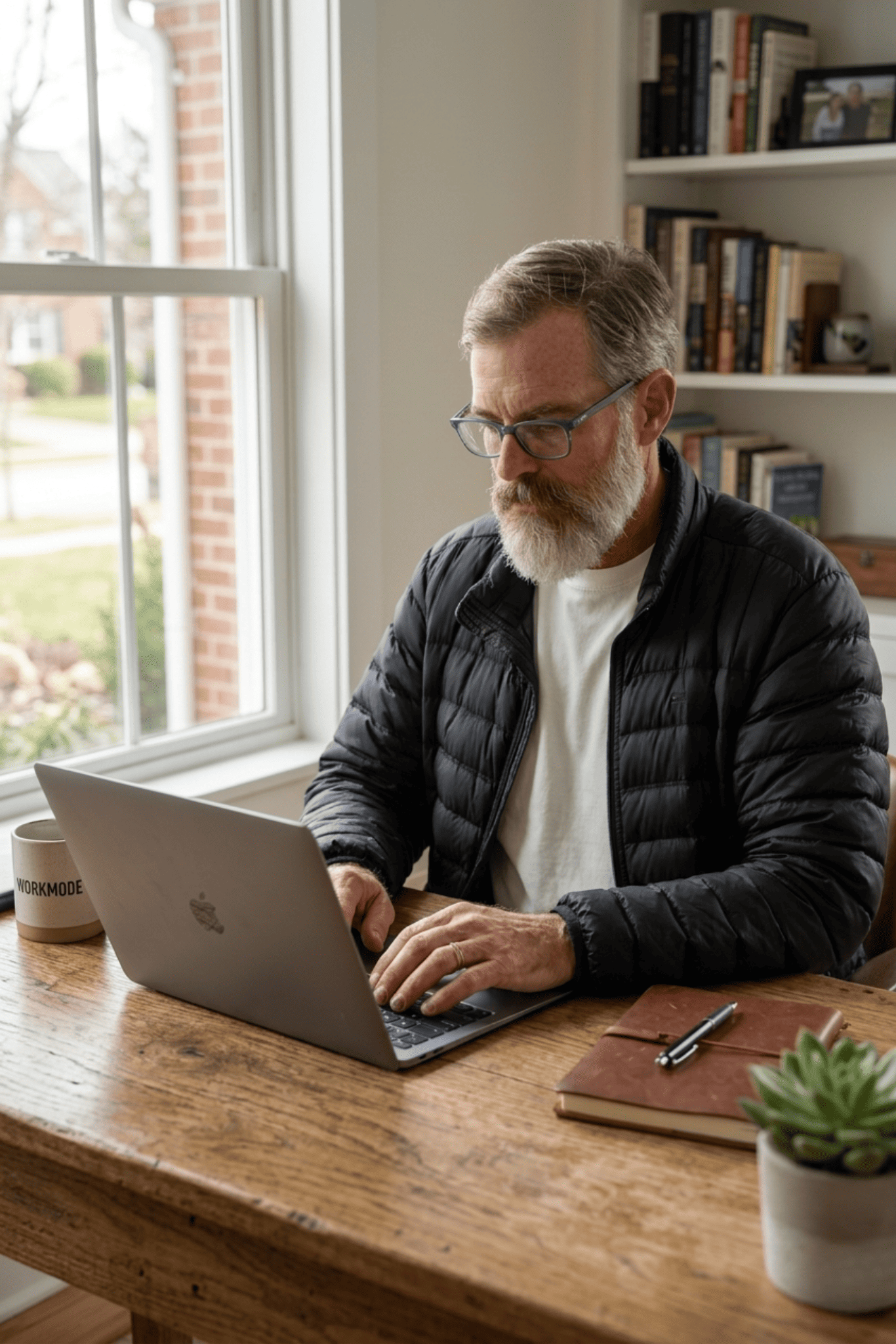 A white cotton tee layered under a jacket for a winter work-from-home look