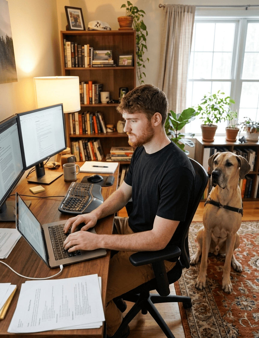 A black Egyptian cotton tee for an all-day work-from-home desk setup