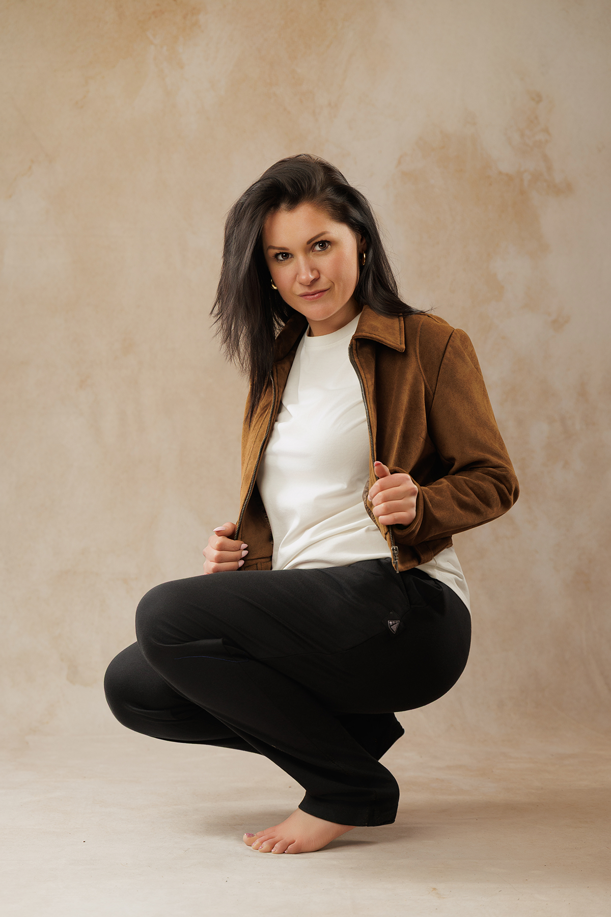 The Essential Crew Egyptian cotton tee for women in White, under a jacket with lounge pants