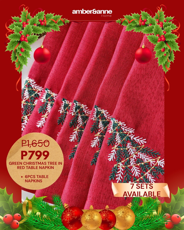 Green Christmas Tree in Red Table Napkin