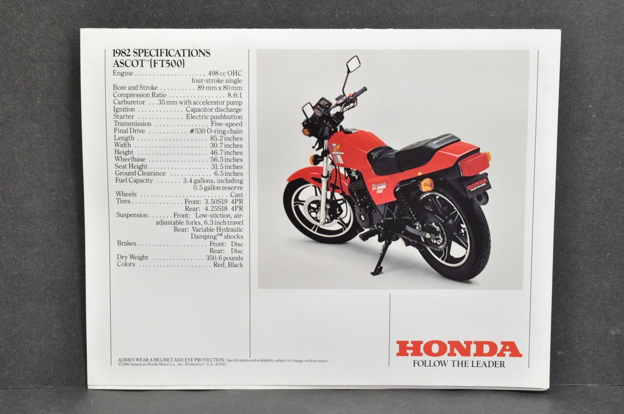 NOS Honda 1982 FT500 Ascot Brochure Specs Sheet