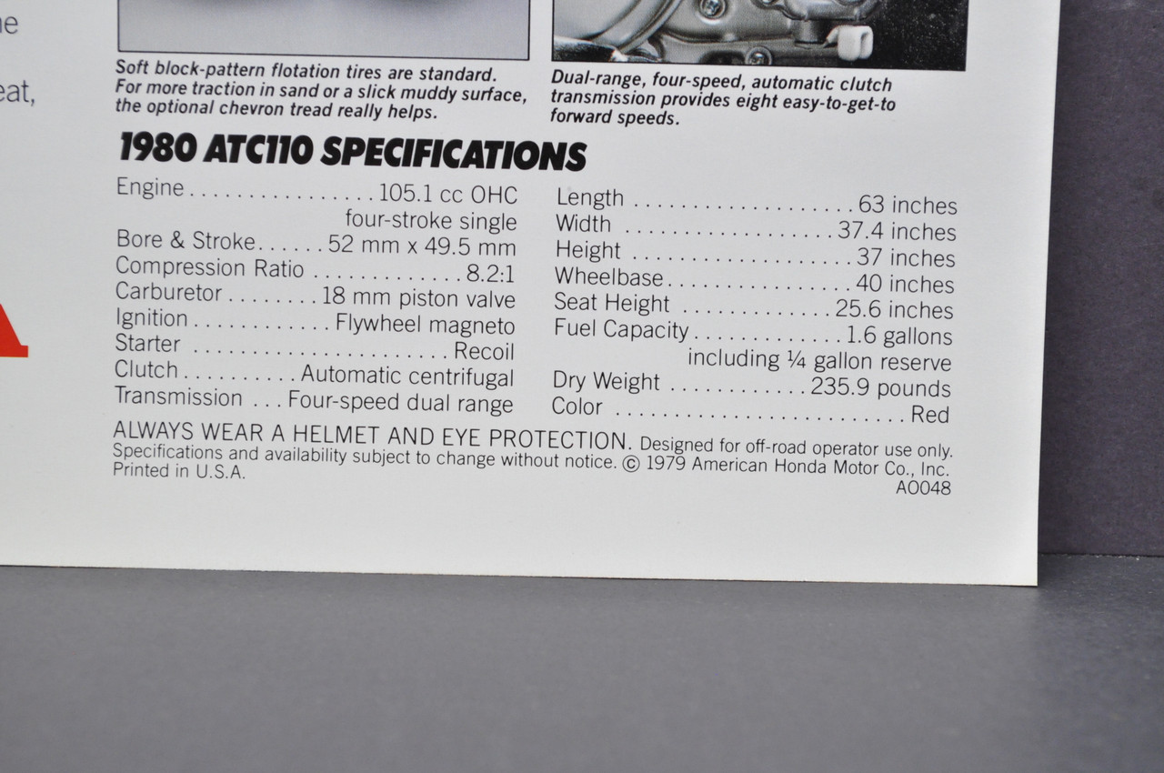 Vintage NOS 1980 Honda ATC110 Three Wheeler Brochure Spec Sheet Flyer
