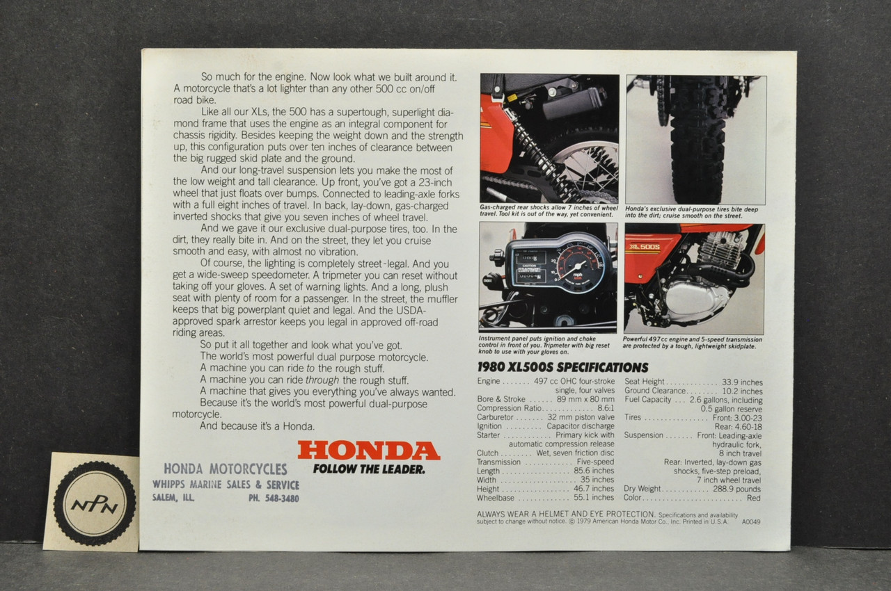 Vintage NOS 1980 Honda XL500 S Brochure Spec Sheet Flyer