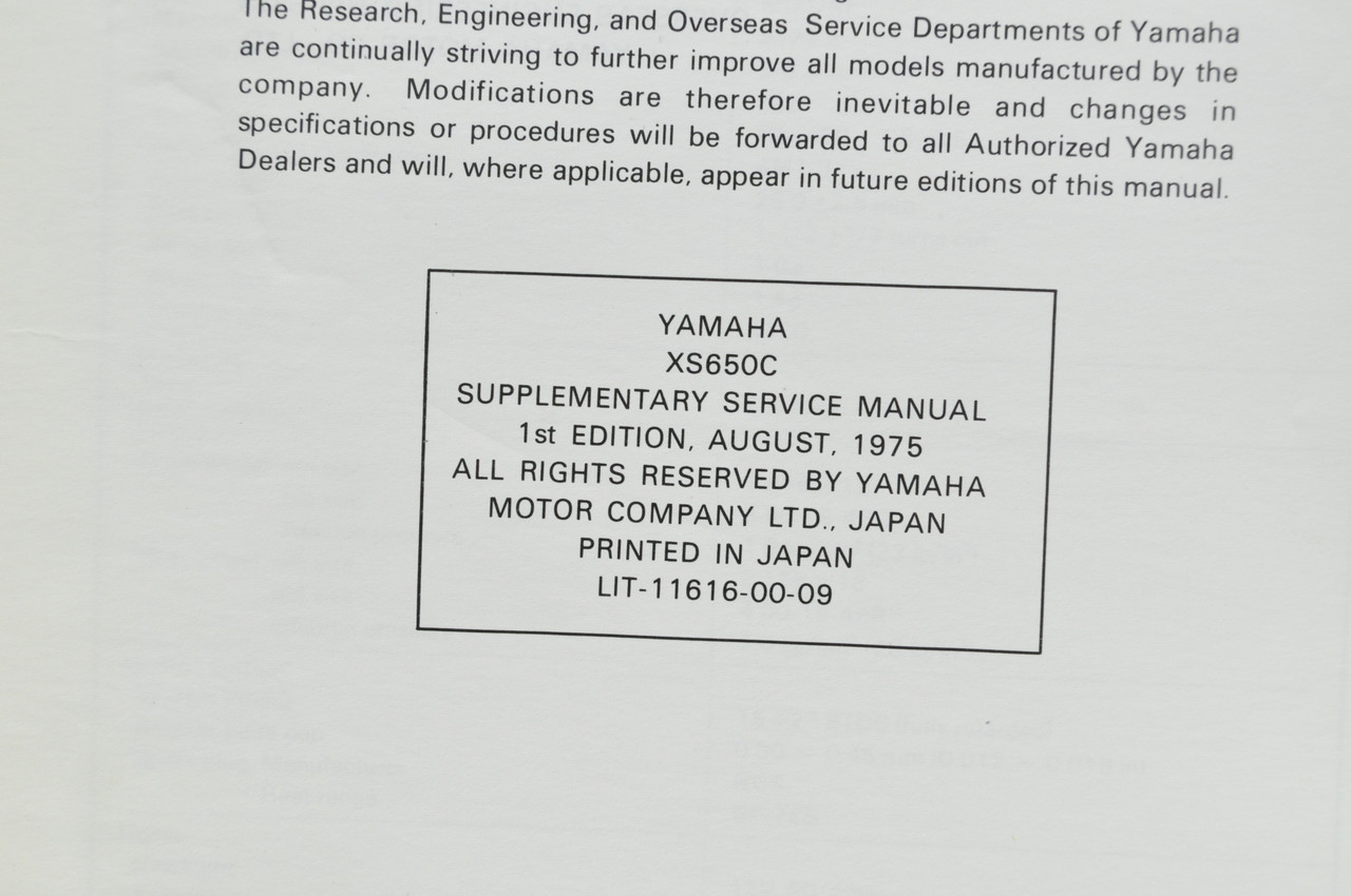 Vintage 1976 Yamaha XS650 C Shop Service SUPPLEMENT Manual 