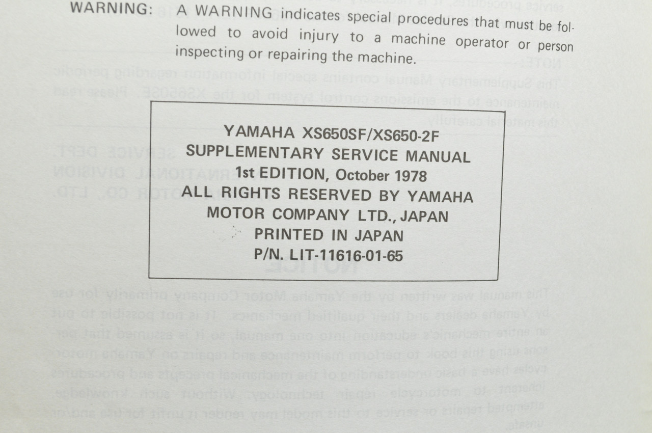 Vintage 1979 Yamaha XS650 SF XS650 2F Shop Service SUPPLEMENT Manual 