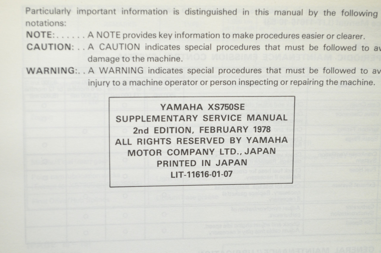 Vintage 1978 Yamaha XS750 SE Shop Service SUPPLEMENT Manual