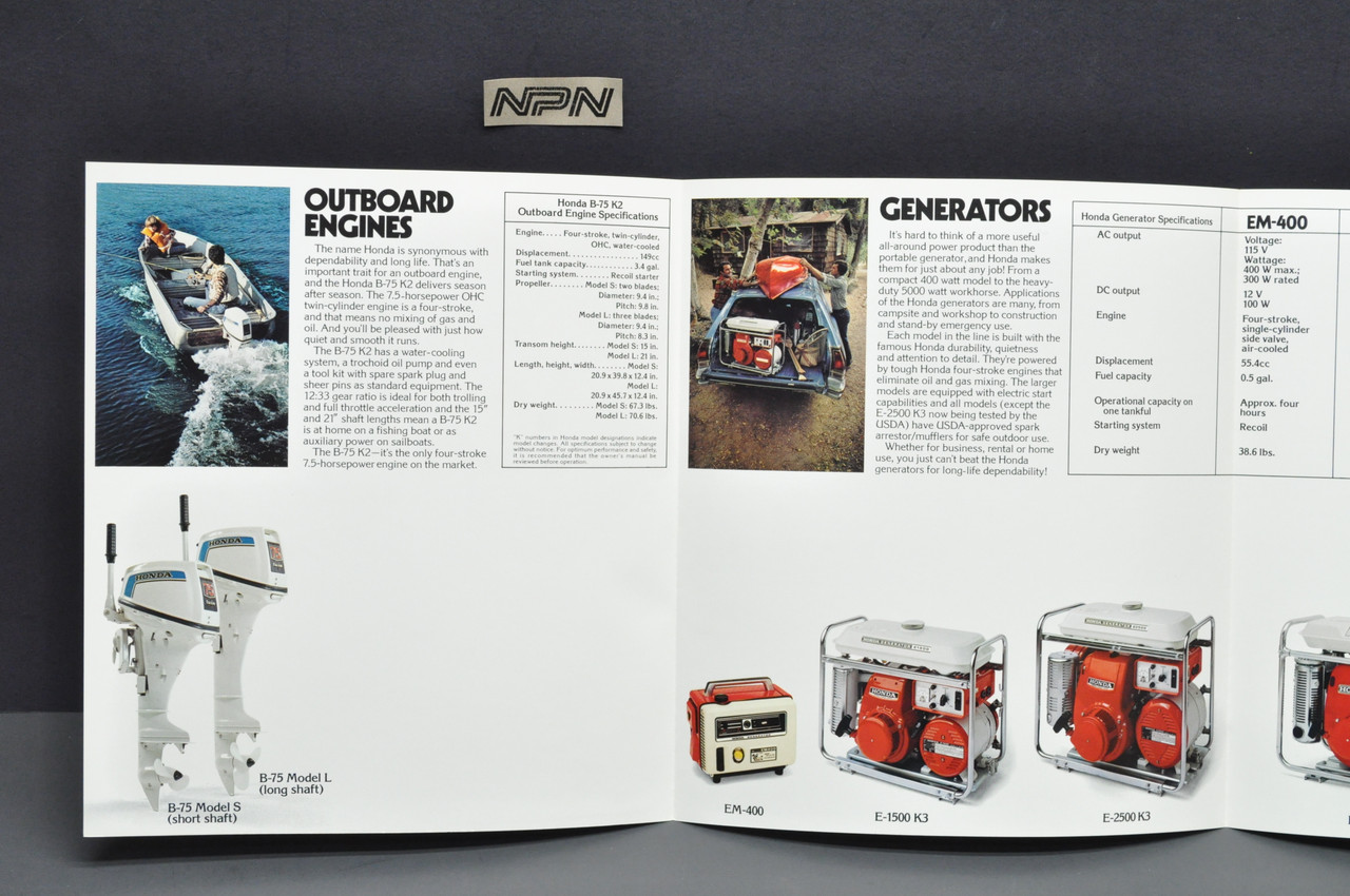 Vintage NOS 1976 Honda EM400 Generator F400 Tiller B75 Outboard G35 Brochure 