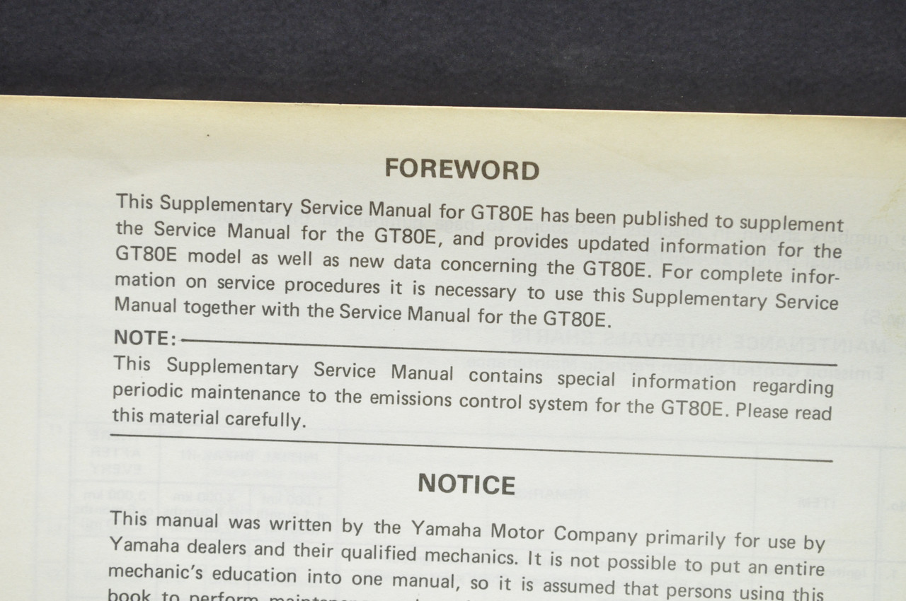 Vintage 1978 Yamaha GT80 E Shop Service SUPPLEMENT Manual