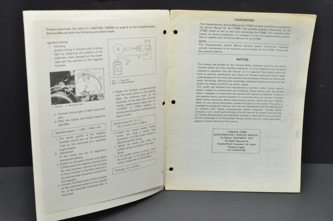 Vintage 1978 Yamaha GT80 E Shop Service SUPPLEMENT Manual