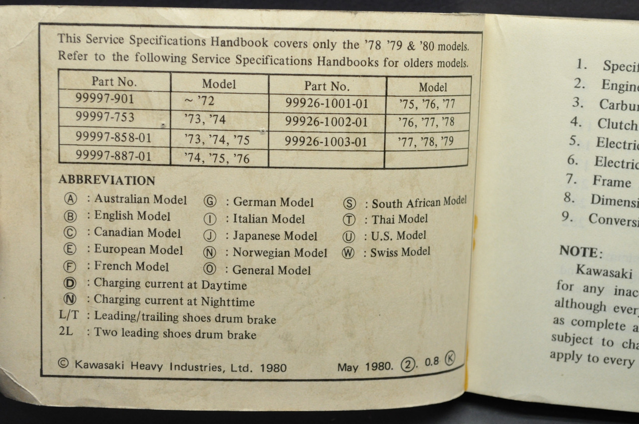 Vintage 1978-80 Kawasaki Motorcycle Shop Service Manual Handbook 99926-1004-02