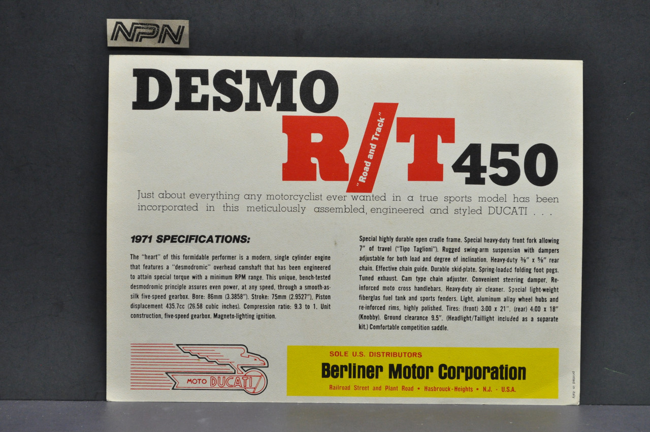 Vintage NOS 1971 Ducati 450 R/T Desmo Motorcycle Dealer Sales Brochure 
