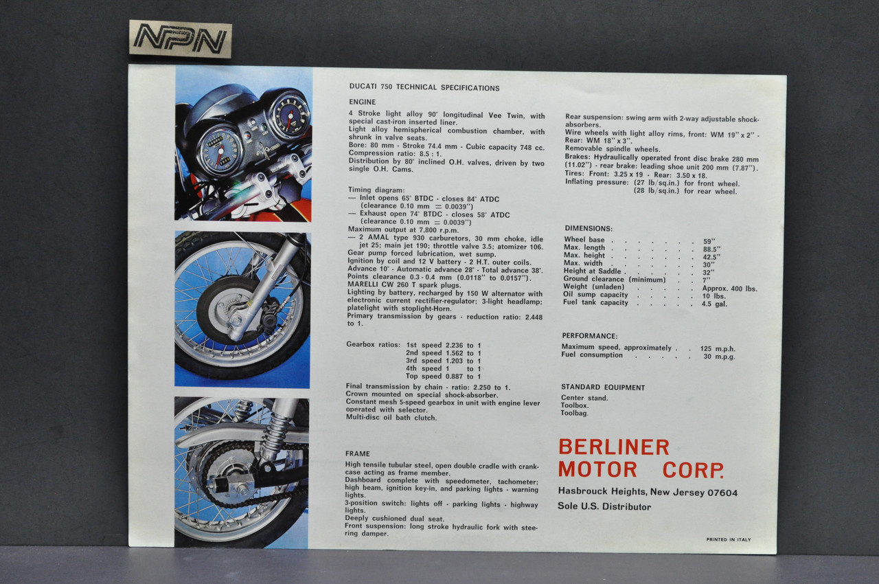 Vintage NOS 1972 Ducati 750 Motorcycle Dealer Spec Sheet Sales Brochure 