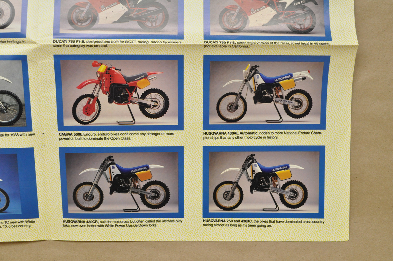 Vintage 1988 Cagiva Ducati Husqvarna Motorcycle Spec Poster Brochure