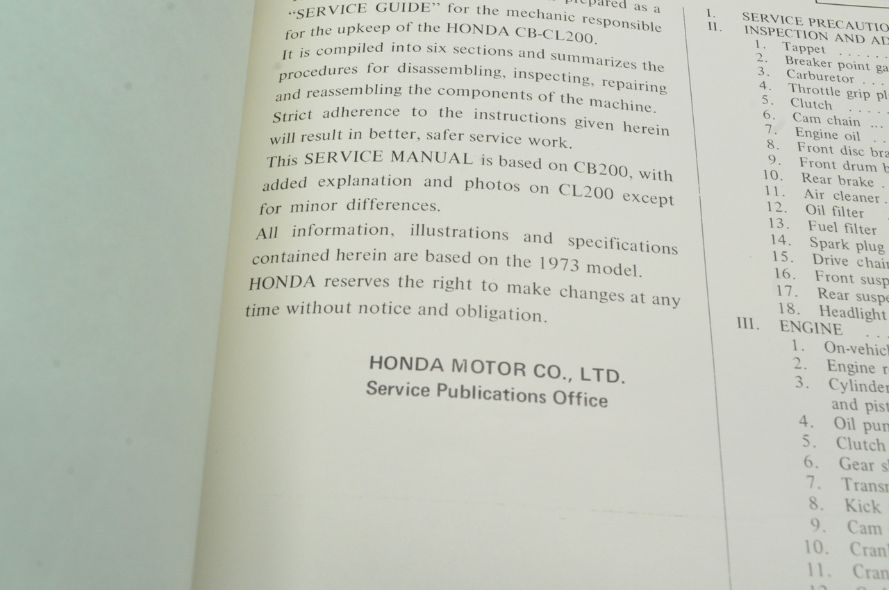 Vintage Honda 1973 CB200 CL200 Shop Service Manual