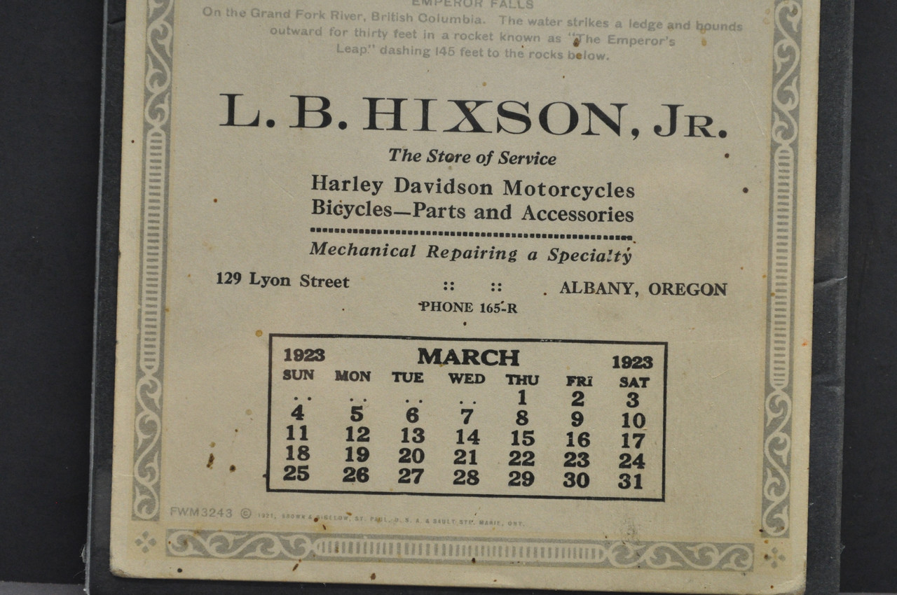 Antique Vtg 1923 Harley Davidson Motorcycle LB Hixson Albany OR Calendar