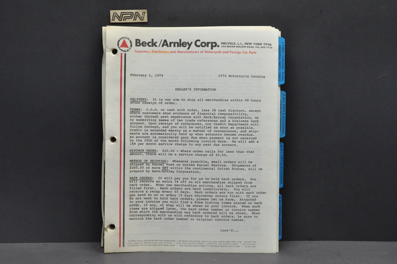 Vtg 1972 Beck Arnley Motorcycle Supply Parts Accessories Catalog Tires Clothing