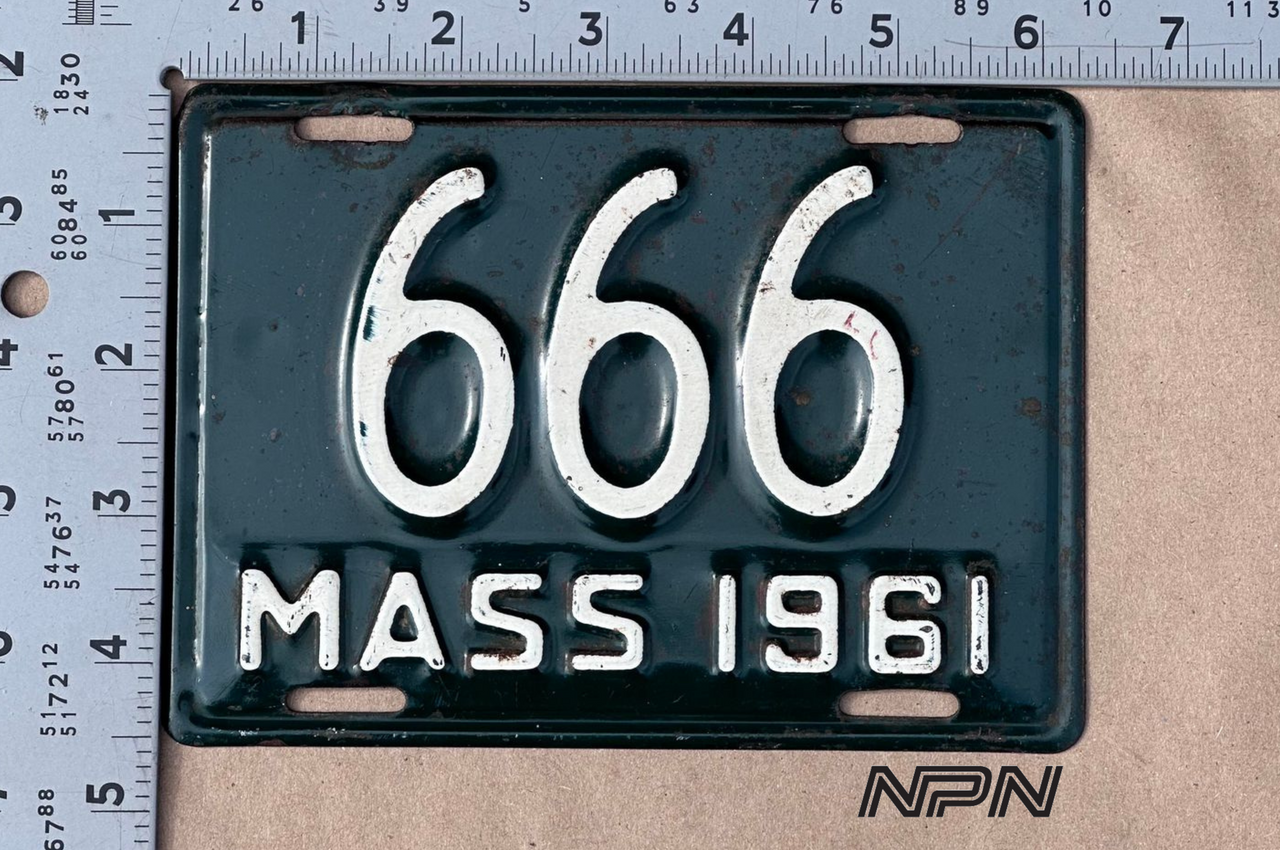 Vintage 666 Massachusetts Motorcycle License Plate 1961 Green Three Digit