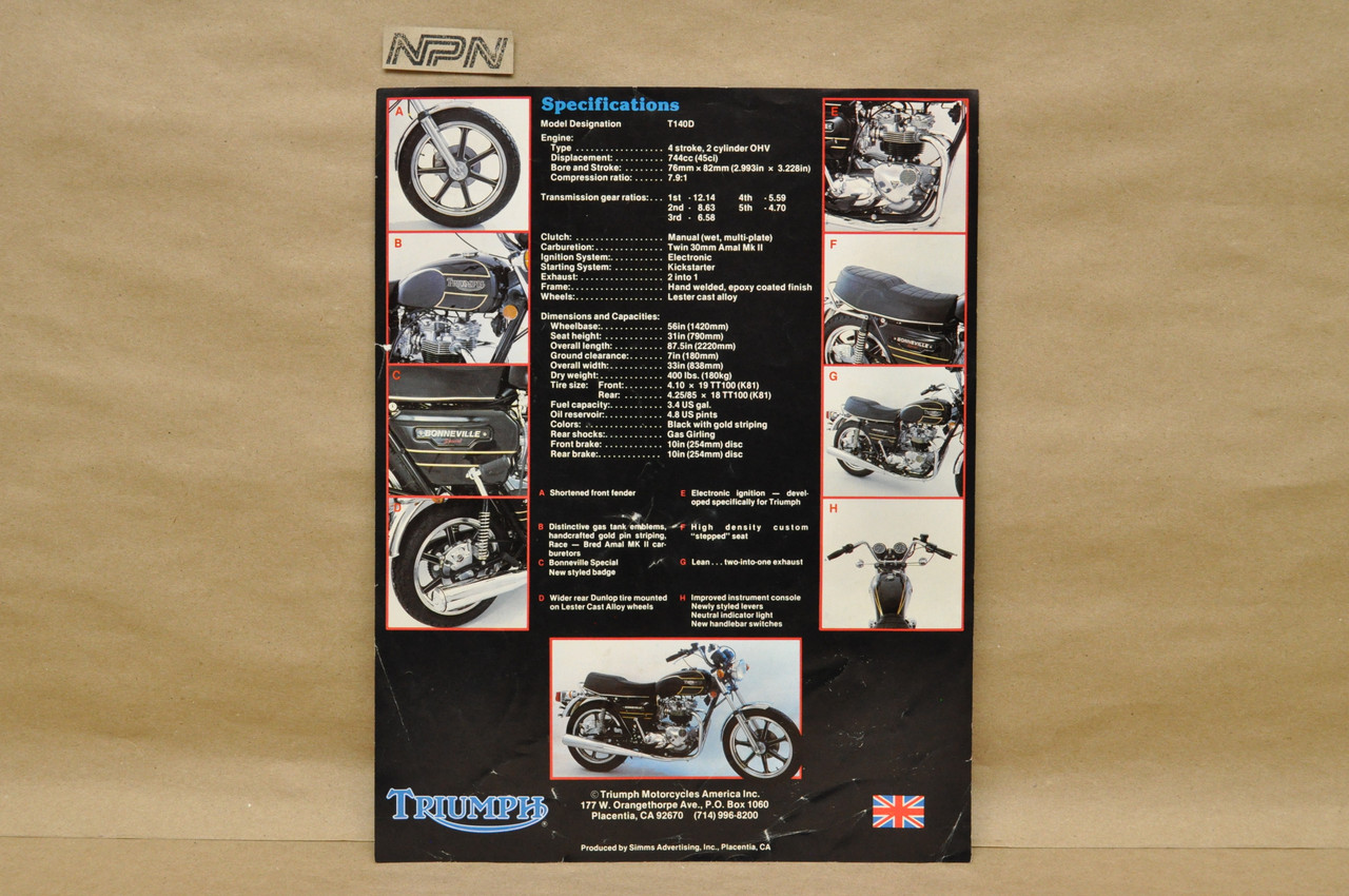 Vintage Triumph Bonneville Special T140D 750 Motorcycle Sales Brochure