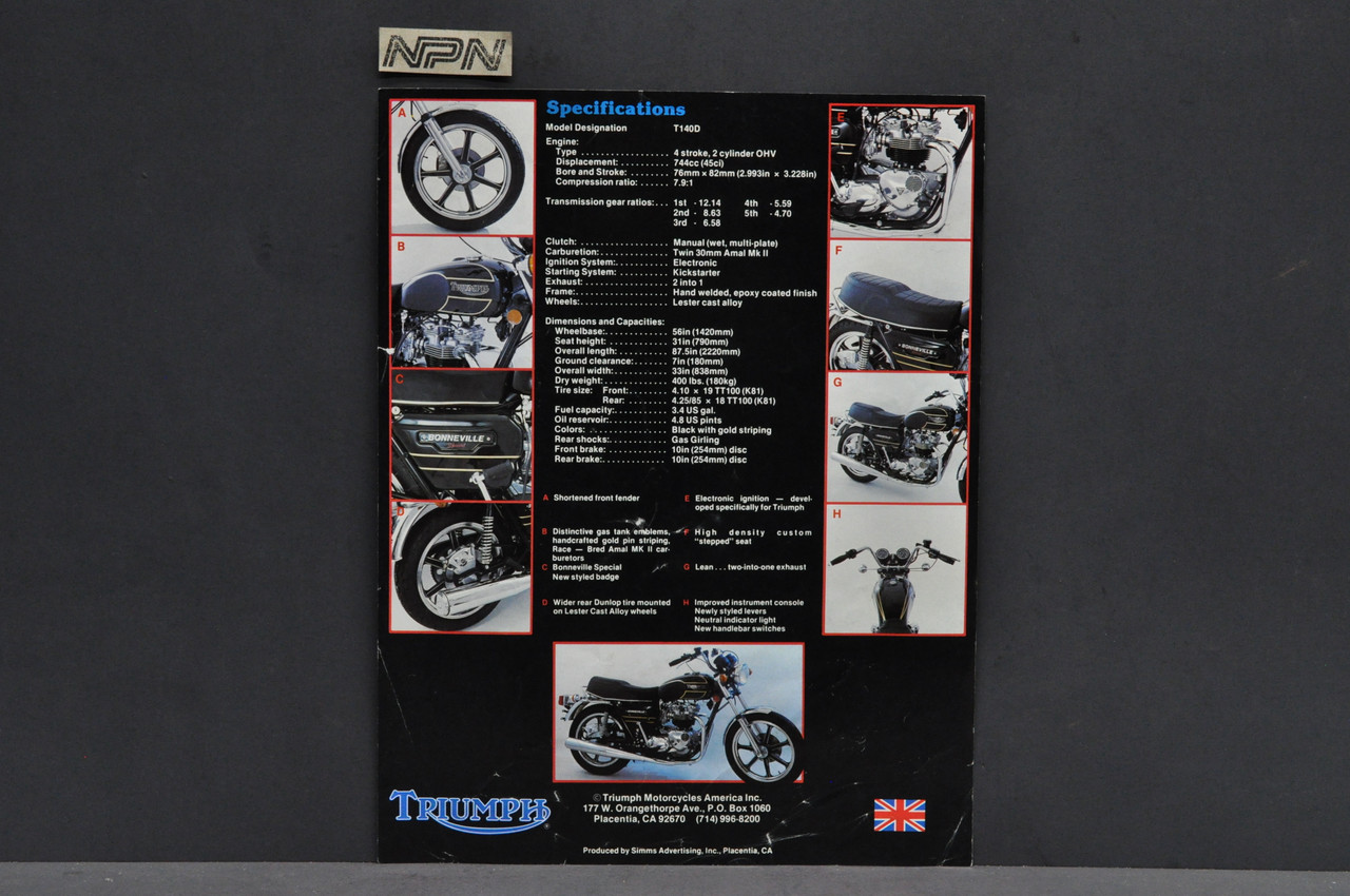 Vintage Triumph Bonneville Special T140D 750 Motorcycle Sales Brochure
