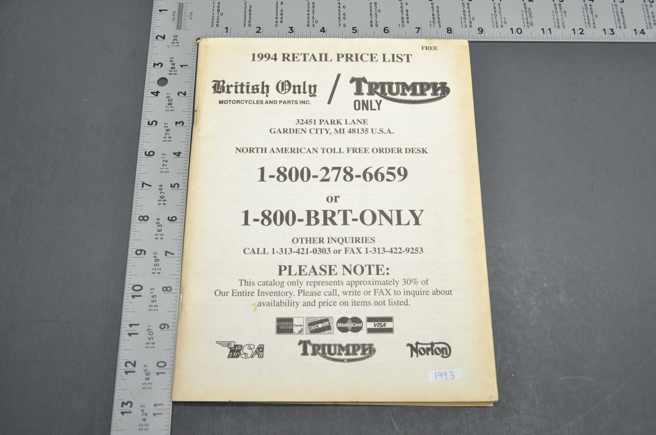 Vintage 1994 British Only Triumph Only BSA Norton Motorcycle Retail Price List