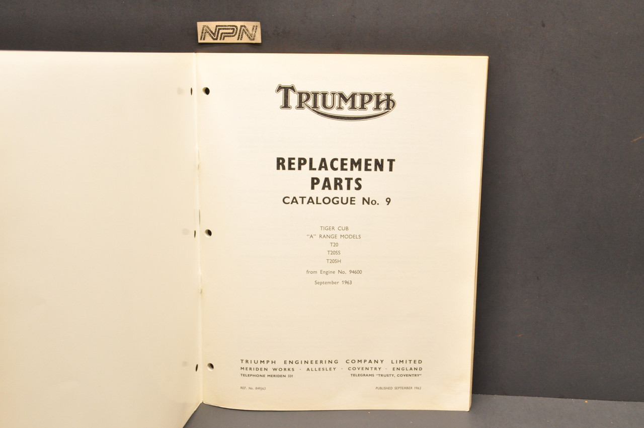 Vtg 1963 Triumph Tiger Cub T20 SS T20 SH Motorcycle Parts Manual Catalog No 9