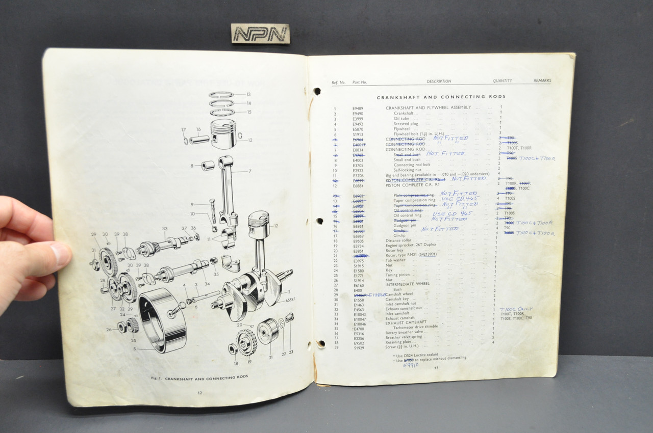 Vtg '68 Triumph T90 Tiger 90 T100 S T100 R T100 C T100 T Tiger 100 Parts Catalog