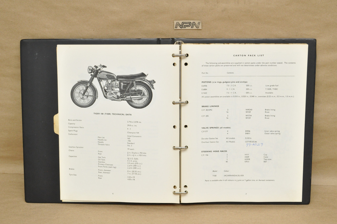 Vintage 1970 Triumph Tiger 100 T100 R T100 C Motorcycle Parts Catalog Part 2 