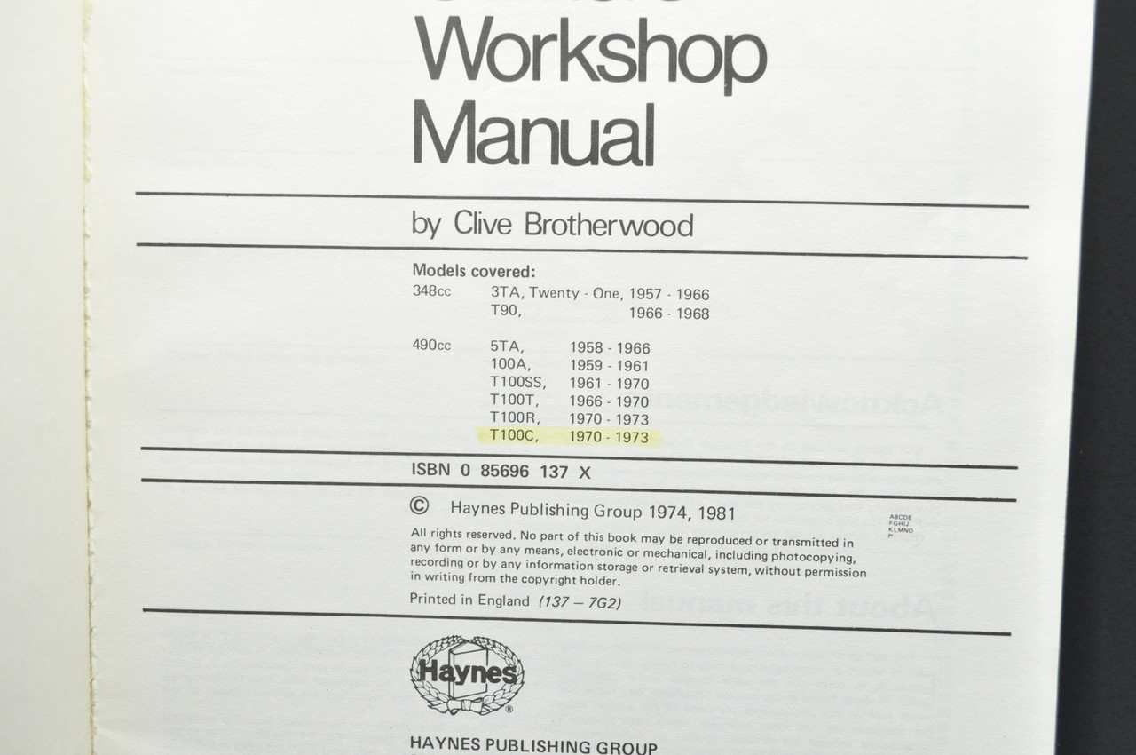 Vintage 1958-73 Triumph 350-500 Unit Twins Haynes Motorcycle Service Manual