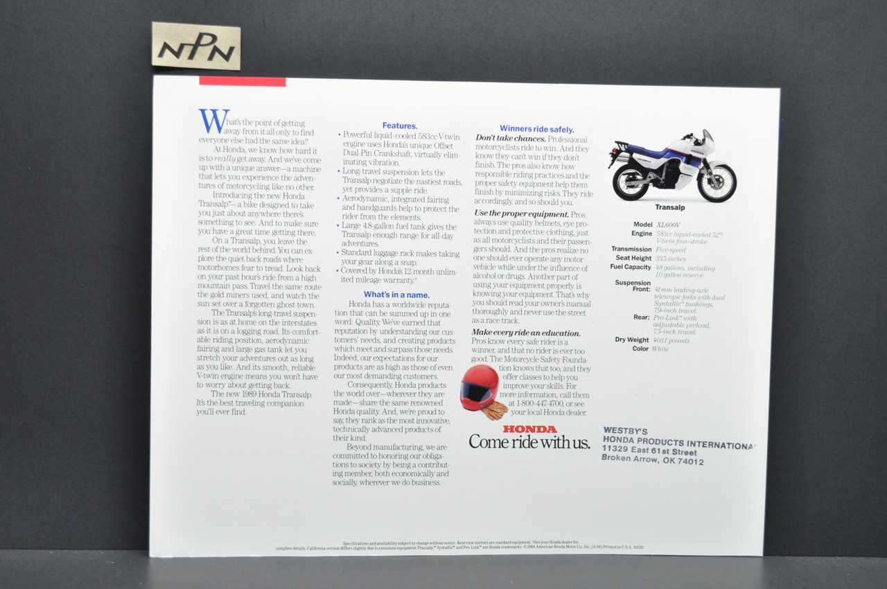 Vintage NOS 1989 Honda XL600 V Transalp Dealer Sales Spec Brochure Westbys OK
