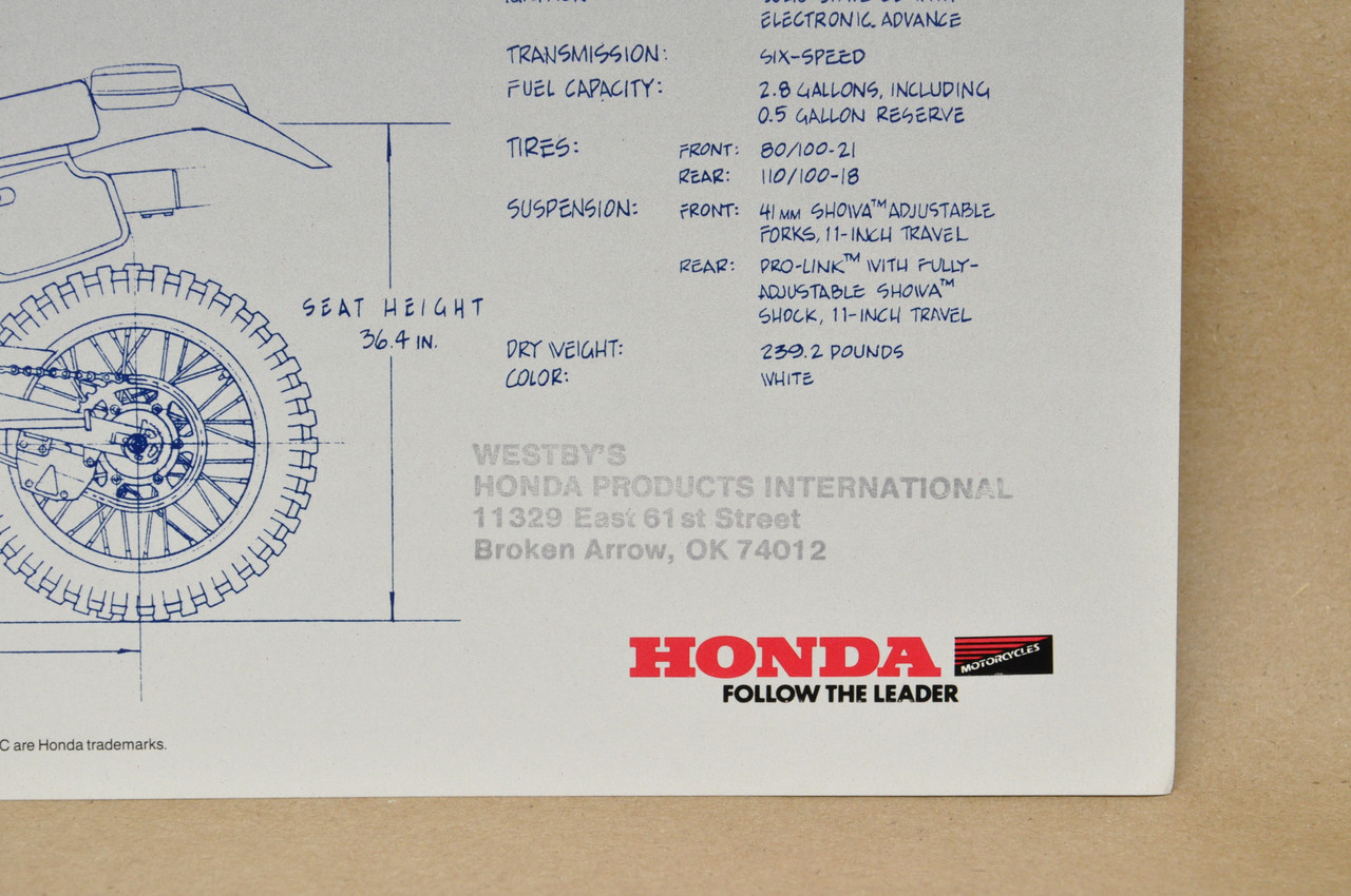 Vtg NOS 1988 Honda XR250 R Motorcycle Dealer Sales Spec Brochure Westbys OK