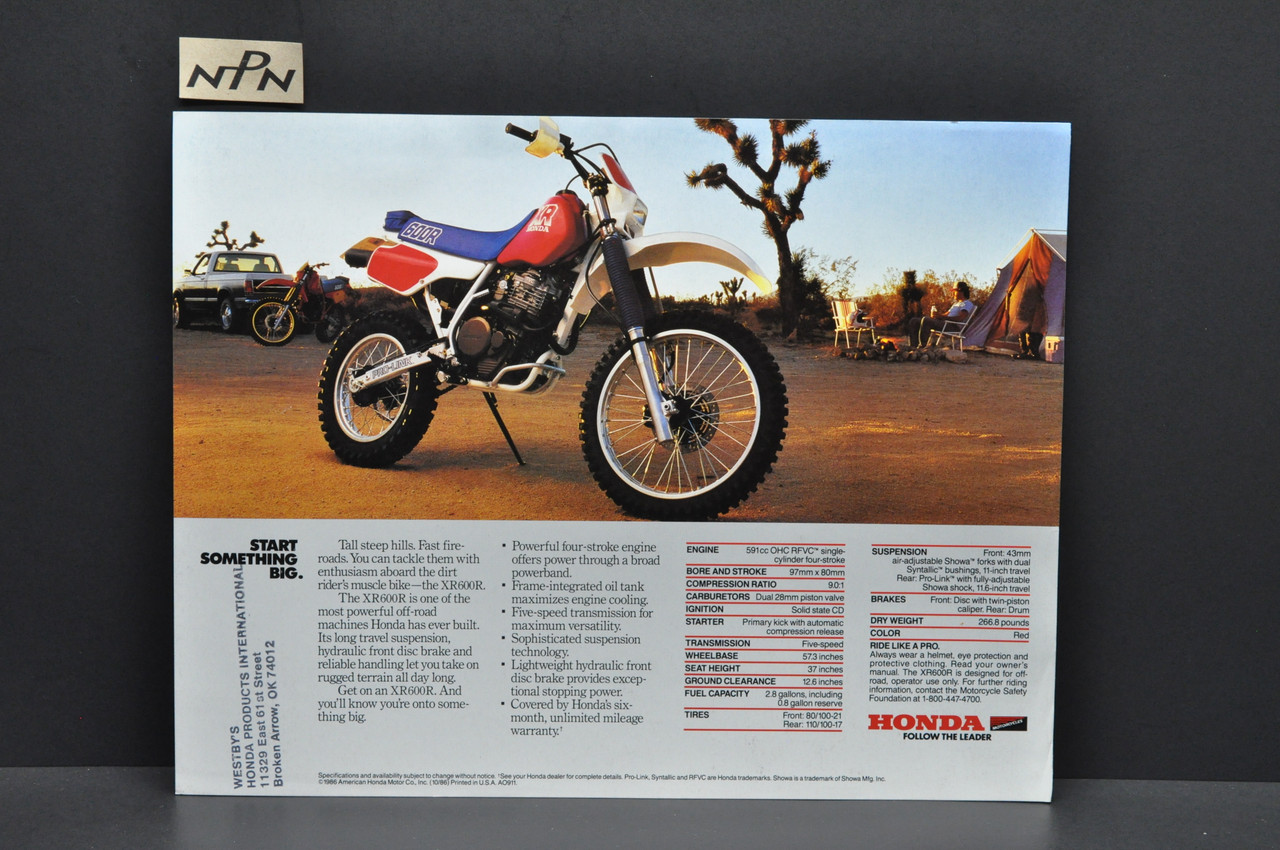 Vintage NOS 1987 Honda XR600 R Motorcycle Dealer Sales Spec Brochure Westbys OK