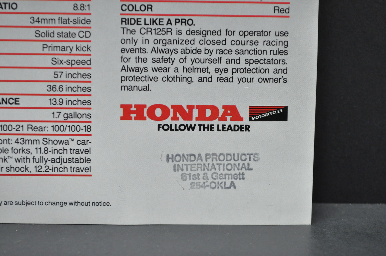 Vintage NOS 1987 Honda CR125 R Motorcycle Dealer Sales Spec Brochure 