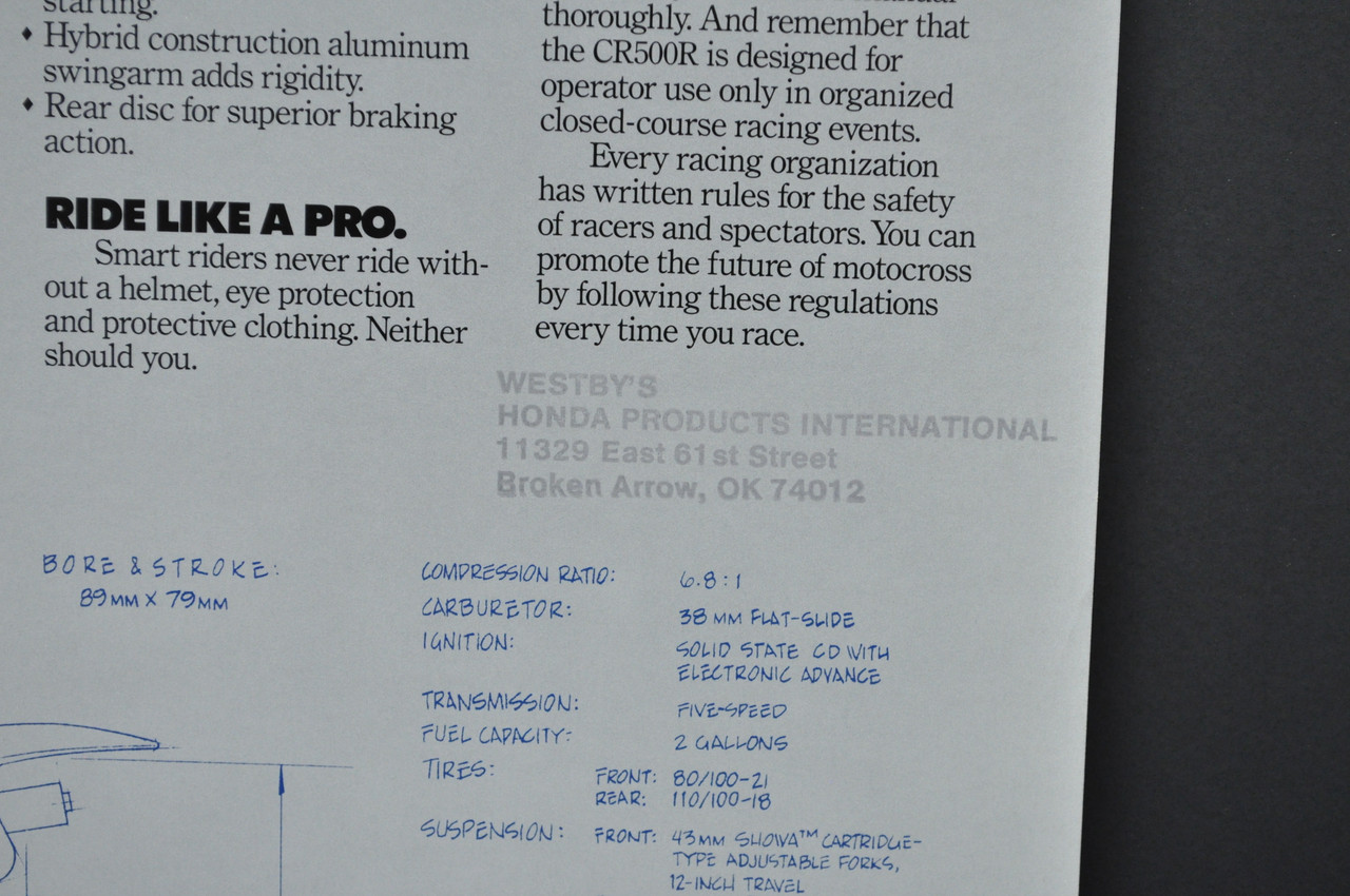Vtg NOS 1988 Honda CR500 R Motorcycle Dealer Sales Spec Brochure Westbys OK