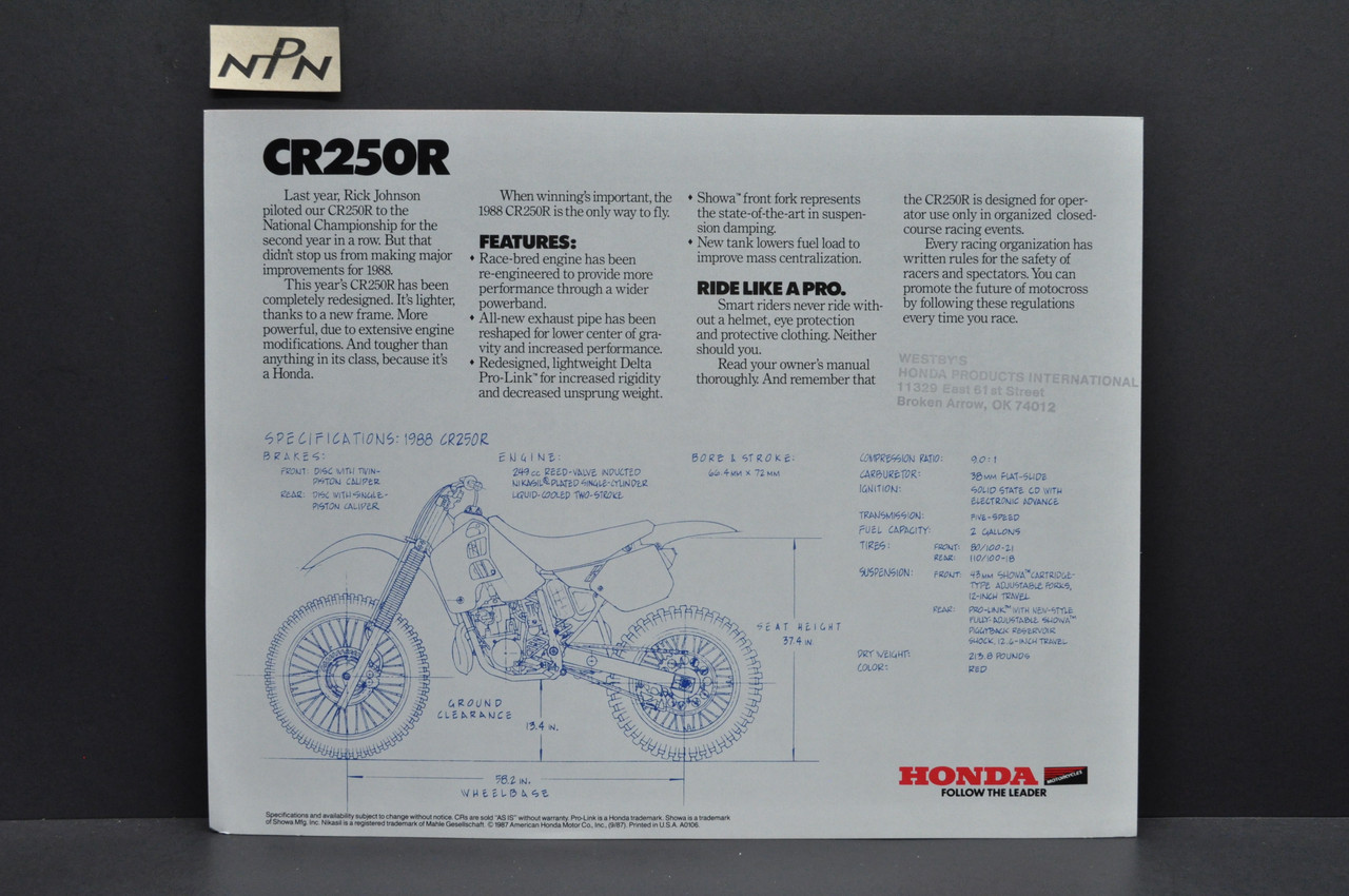 Vtg NOS 1988 Honda CR250 R Motorcycle Dealer Sales Spec Brochure Westbys OK