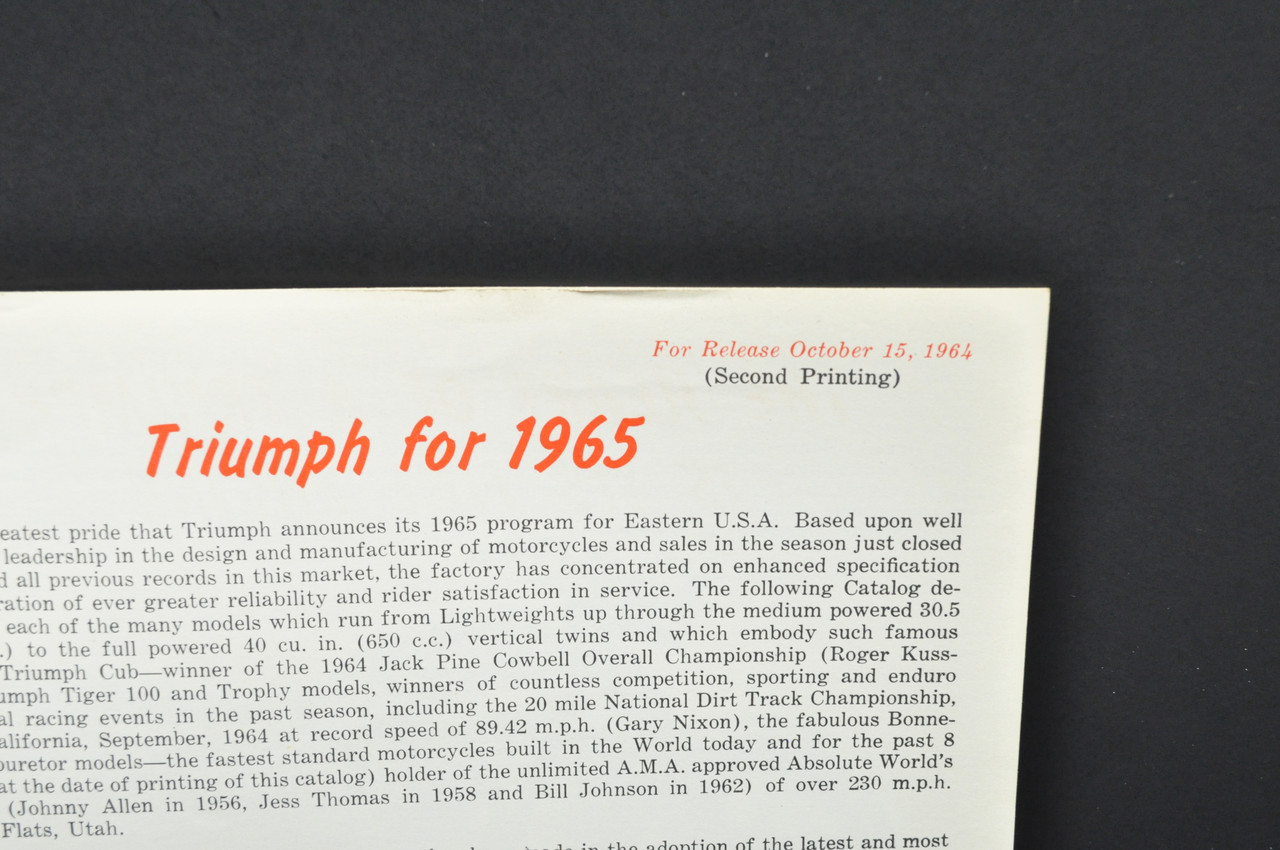 Vintage NOS 1965 Triumph Motorcycle Dealer Spec Brochure Sales Catalog Manual