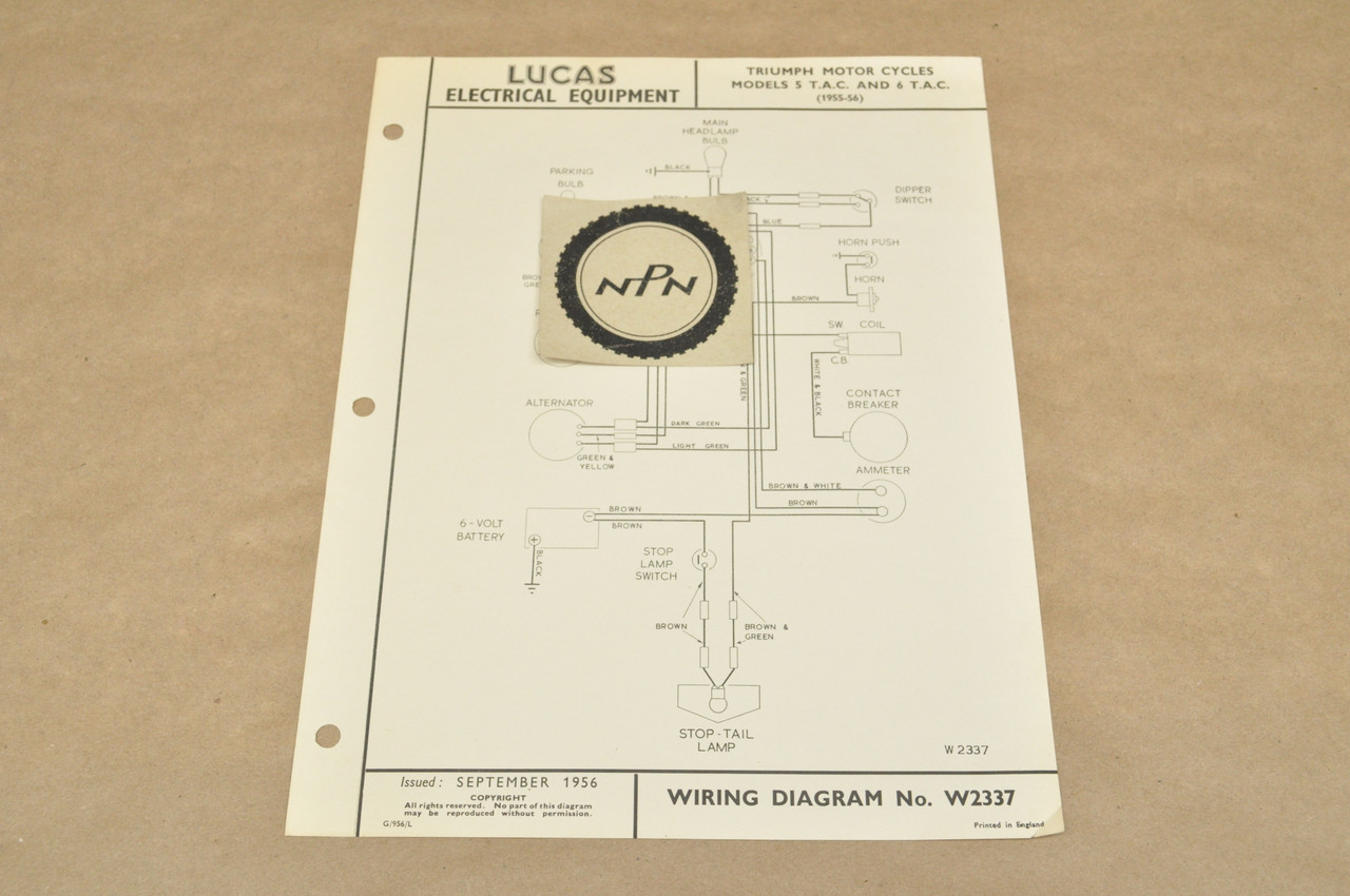 Vintage 1955-56 Triumph 5 TAC 6 TAC Motorcycle Lucas Wiring Diagram W2337 