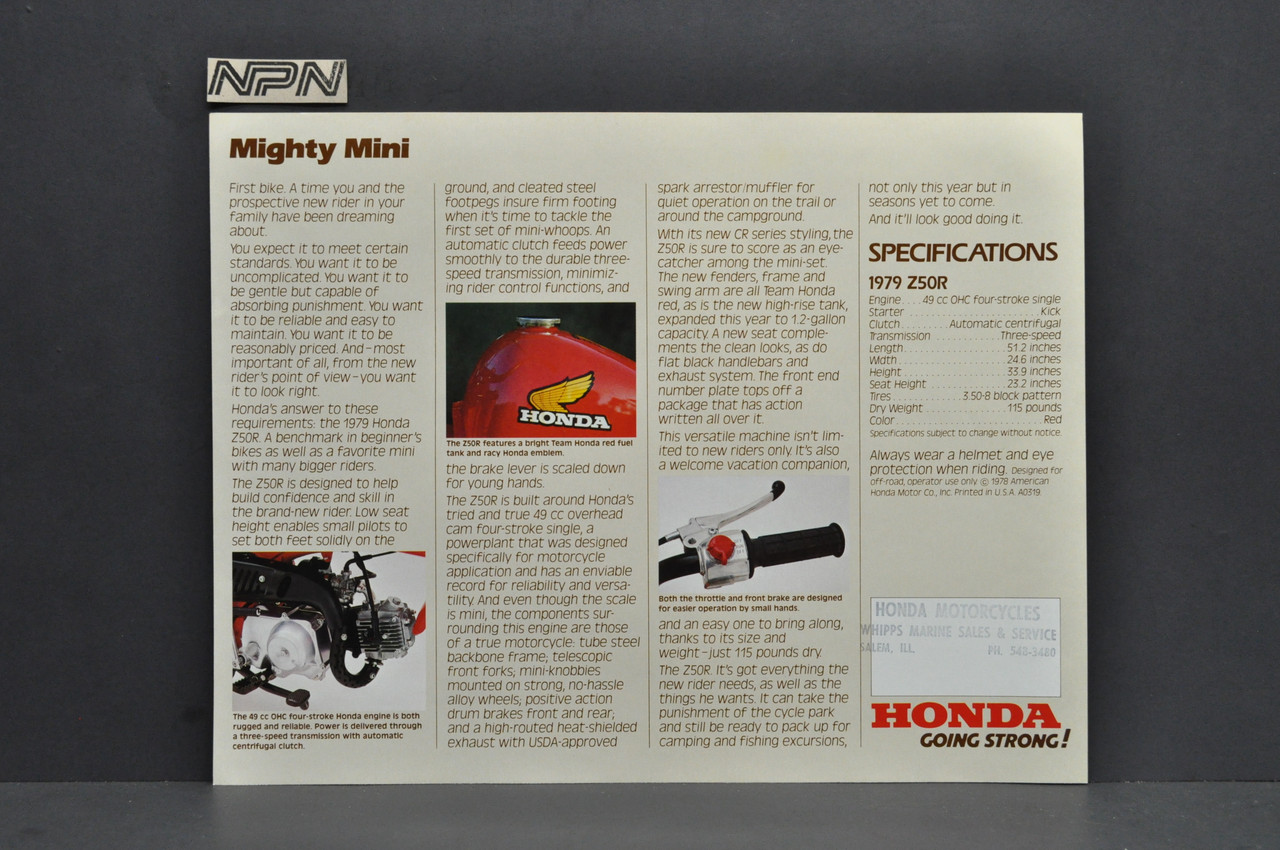 Vintage NOS Honda 1979 Z50 R Motorcycle Spec Sheet Brochure