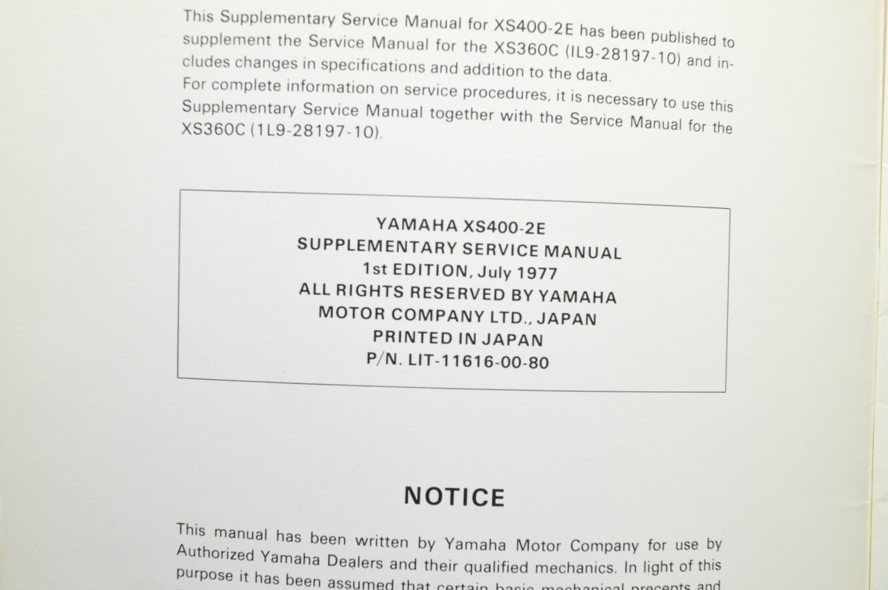 Vintage 1977 Yamaha XS400 2E Motorcycle Shop Service SUPPLEMENT Manual