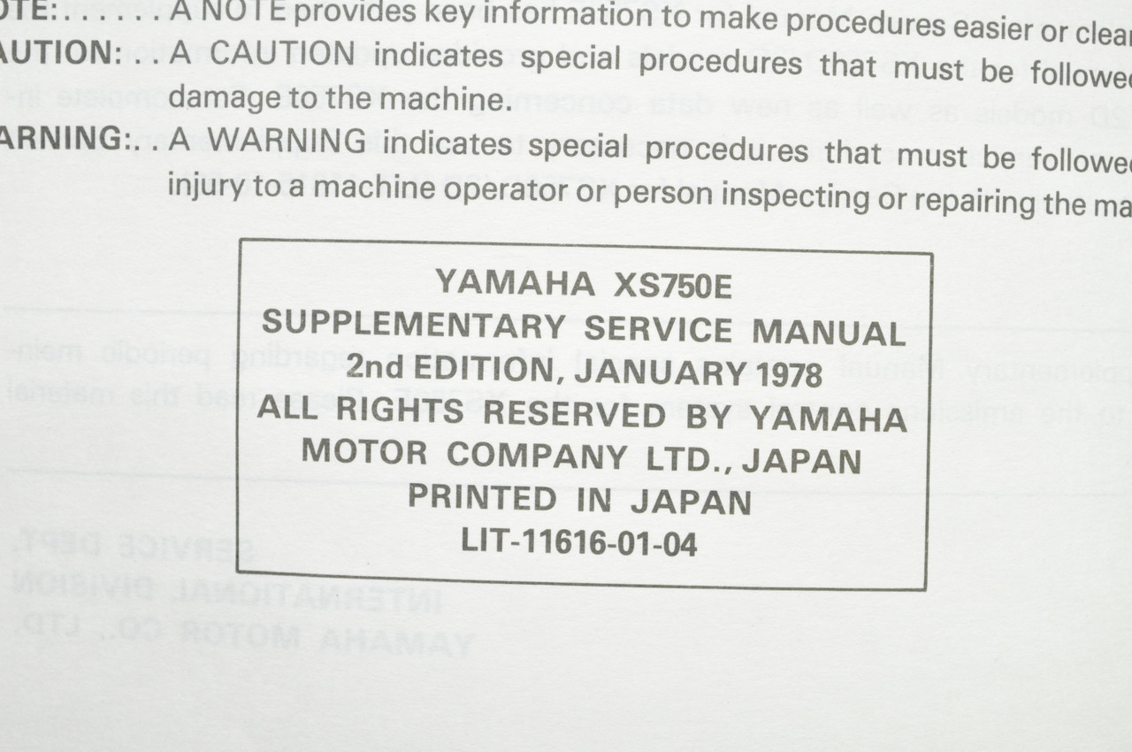 Vtg 1978 Yamaha XS750 E Motorcycle Shop Service SUPPLEMENT Manual