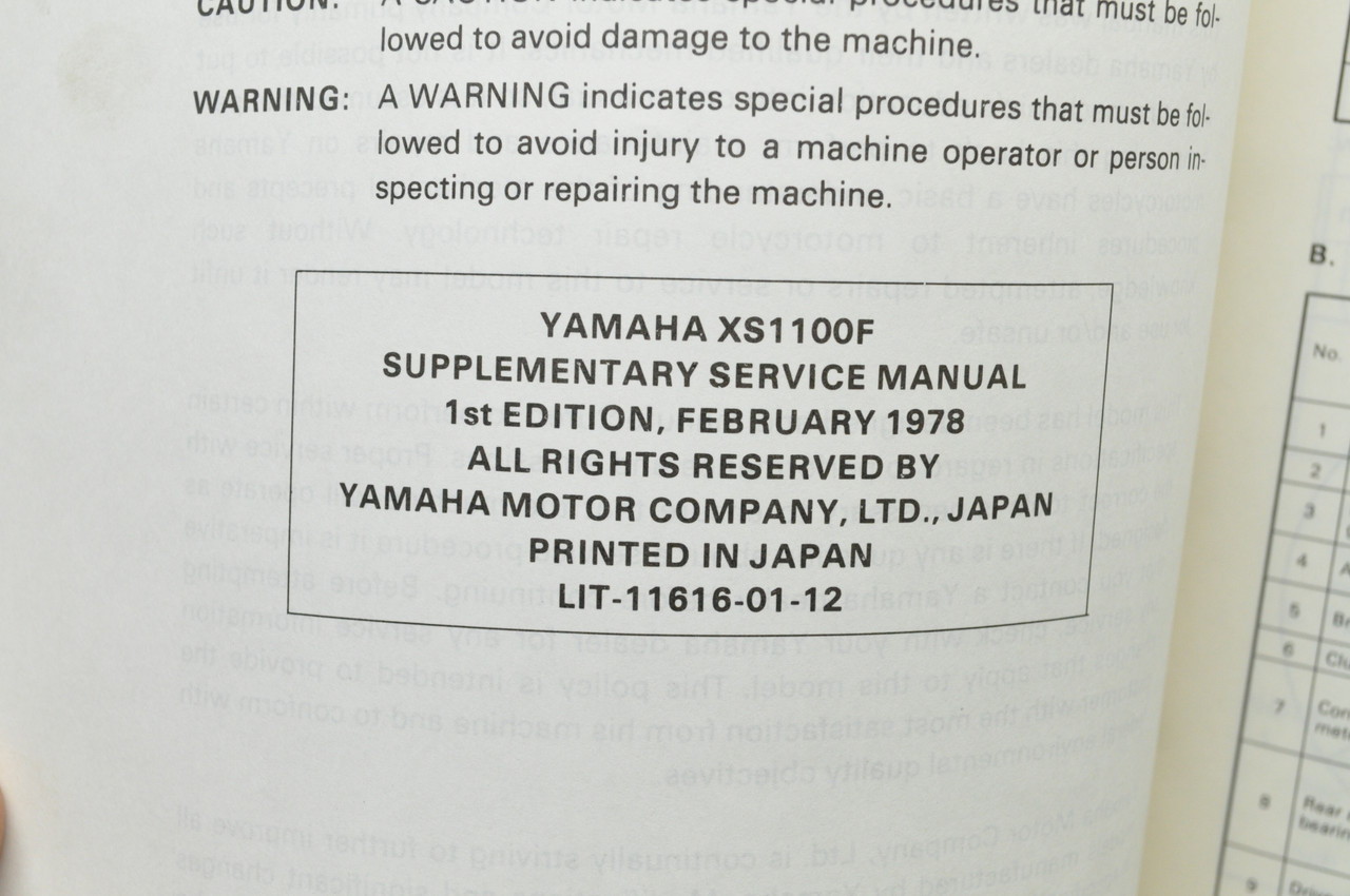 Vtg 1978 Yamaha XS1100 F Motorcycle Shop Service SUPPLEMENT Manual