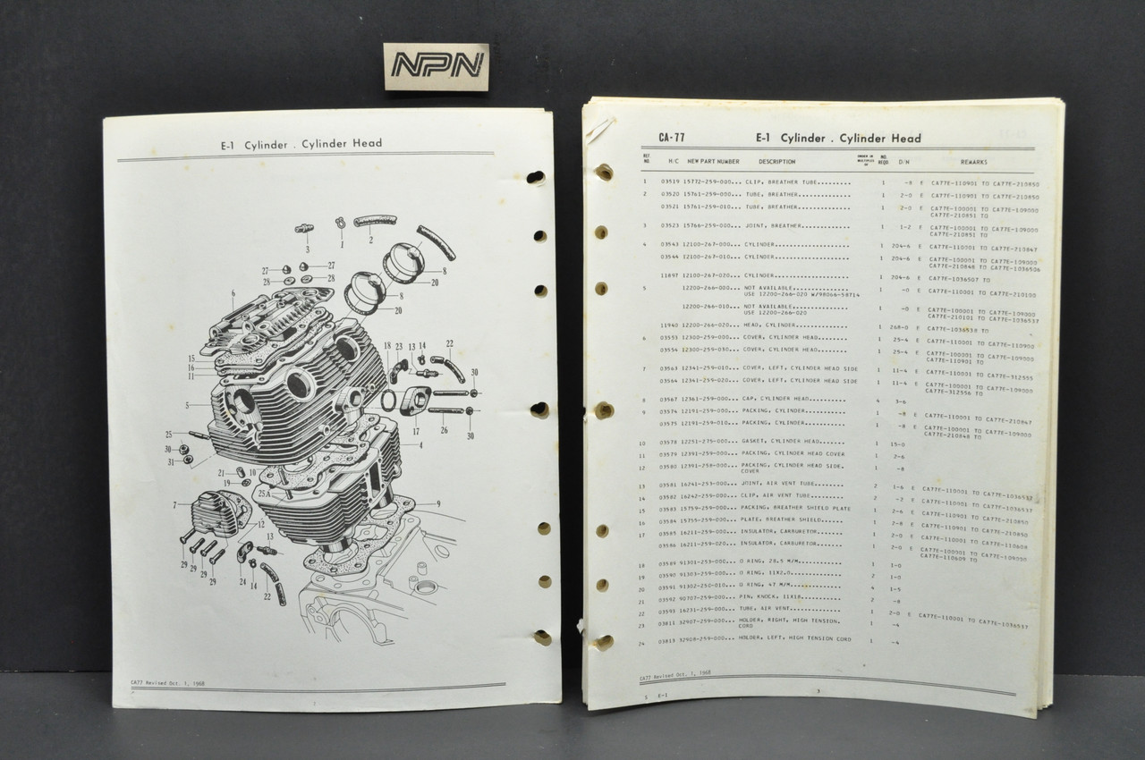 Vintage 1968 Honda CA77 Dream Parts Catalog Book Diagram Manual