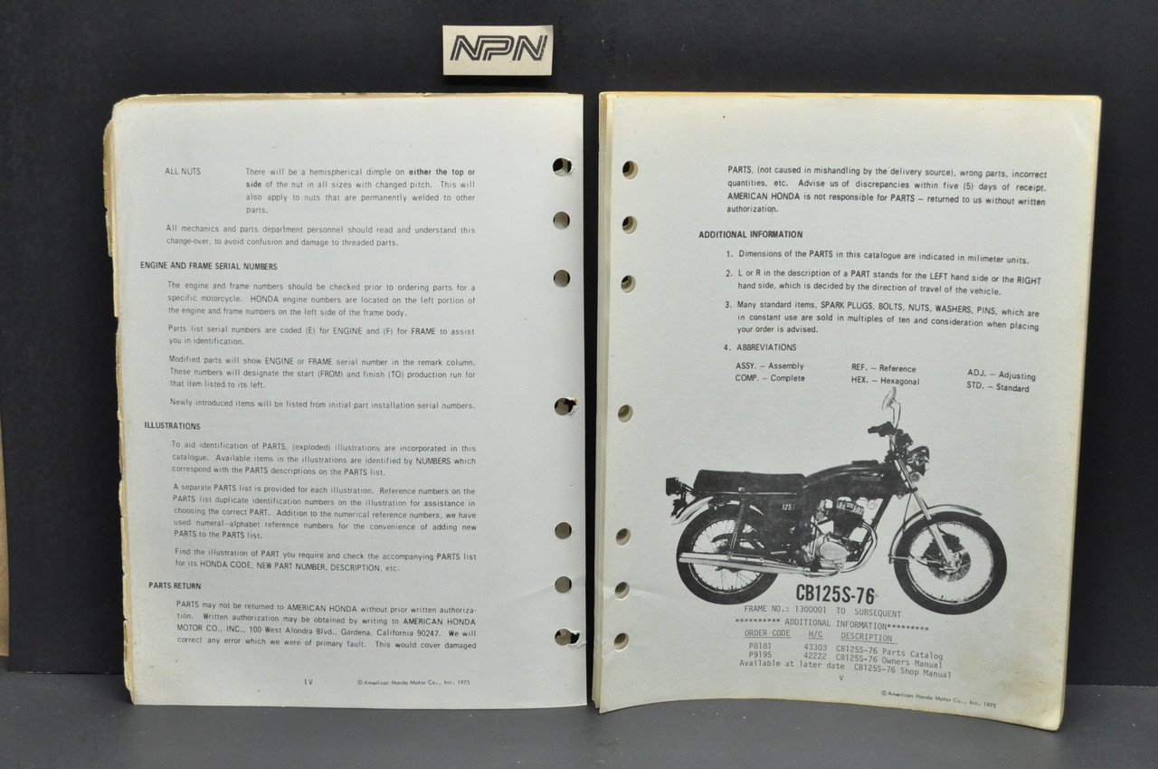 Vintage 1976 Honda CB125 S '76 Parts Catalog Book Diagram Manual