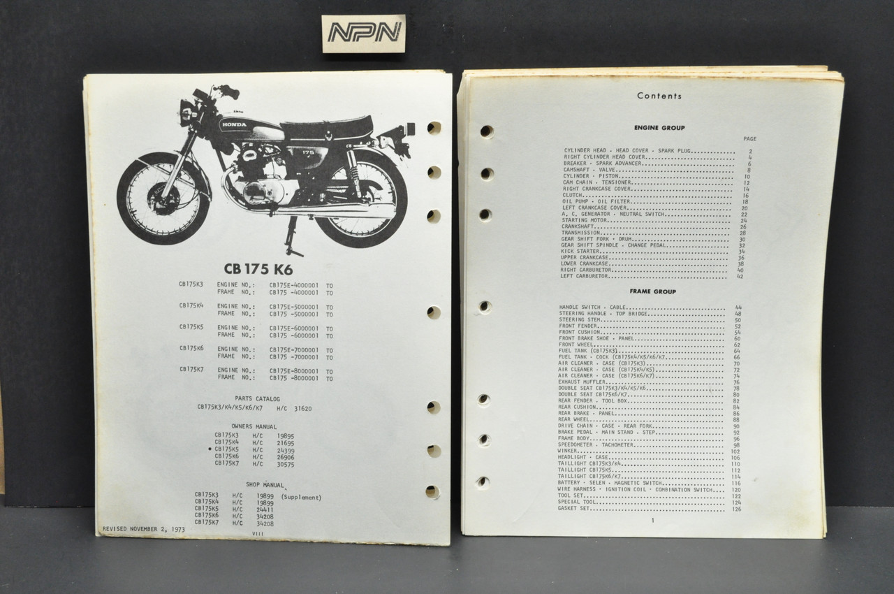 Vtg 1973 Honda CB175 K3 K4 K5 K6 K7 Parts Catalog Book Diagram Manual